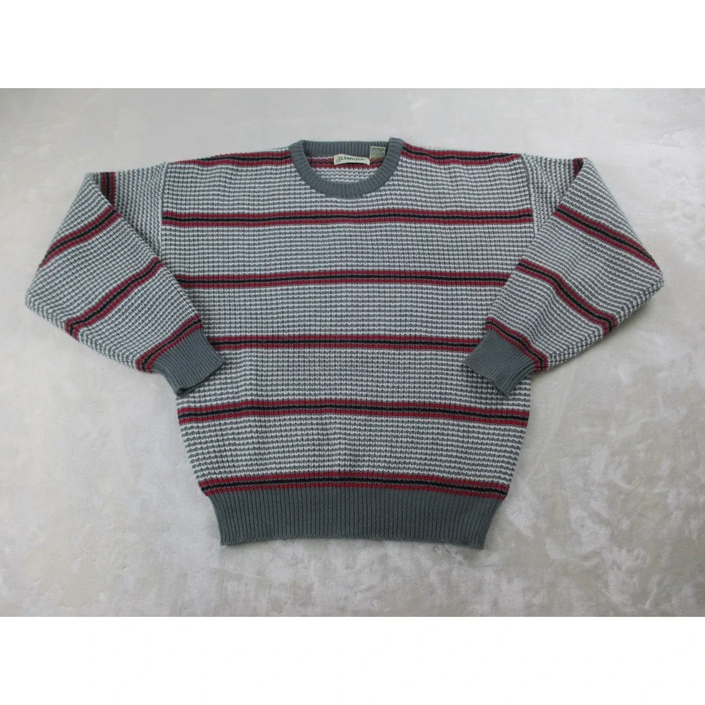 VINTAGE St. John's Bay Sweater Mens Large Gray Striped Knit‎ Pullover Acrylic